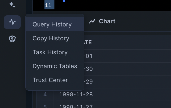 Access the query plan in the Snowsight navigation bar in Snowflake.