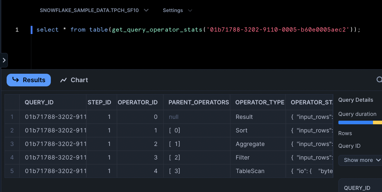 How to view the query plan as a table using SQL in Snowflake.